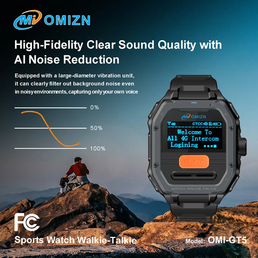 OMIZN GT5 Watch Walkie Talkie 4G Unlimited Range PoC Radios VOX Hands-Free IP65 AES256 Noise Reduction