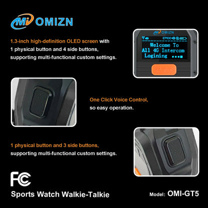 OMIZN GT5 Watch Walkie Talkie 4G Unlimited Range PoC Radios VOX Hands-Free IP65 AES256 Noise Reduction